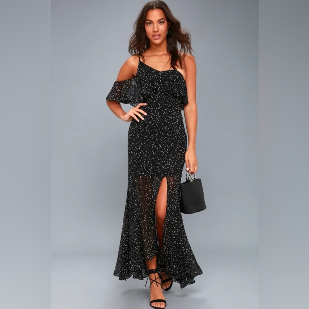 Keepsake Embrace Me Black Polka Dot One-Shoulder Maxi Dress